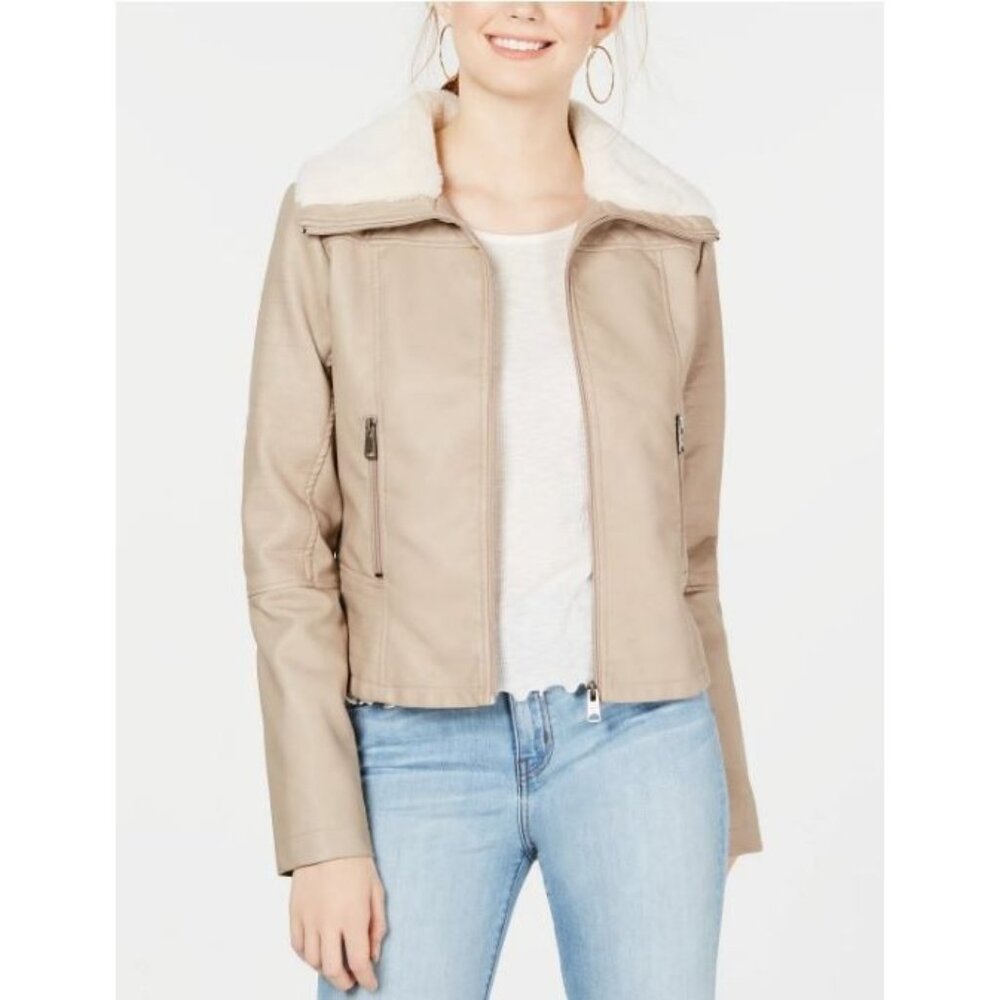 COFFEE SHOP NEW YORK Faux Fur Collar Moto Jacket Beige Size Medium 903